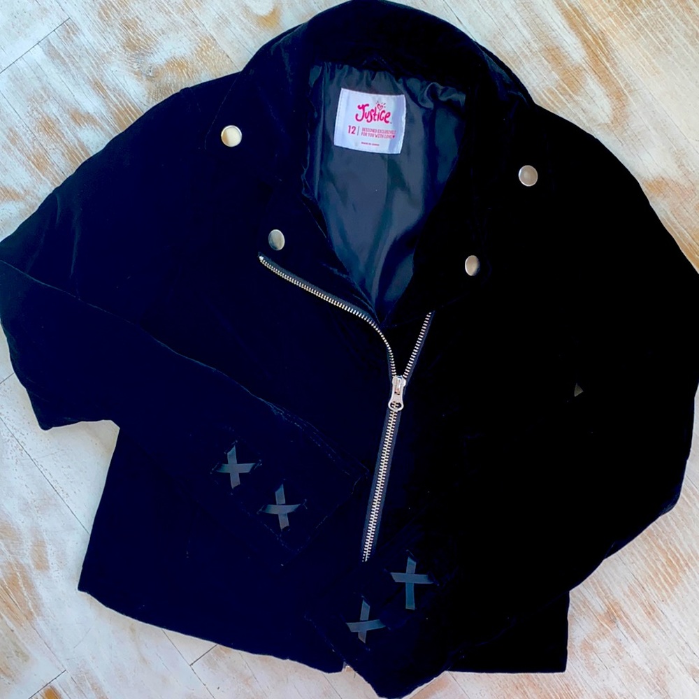 Justice Black Velvet Jacket With Silver Zipper and Buttons Ribbon Detail Cuff